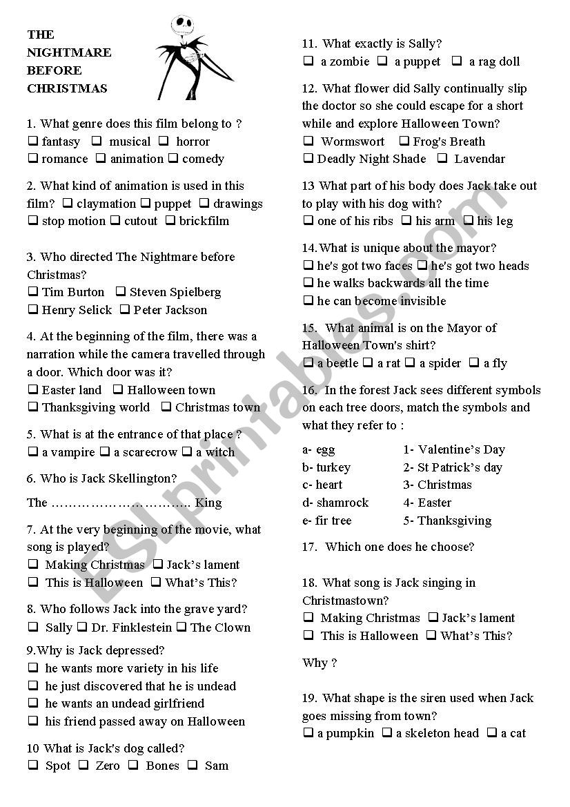 The Nightmare Before Christmas Quiz Esl Worksheet By Goblin