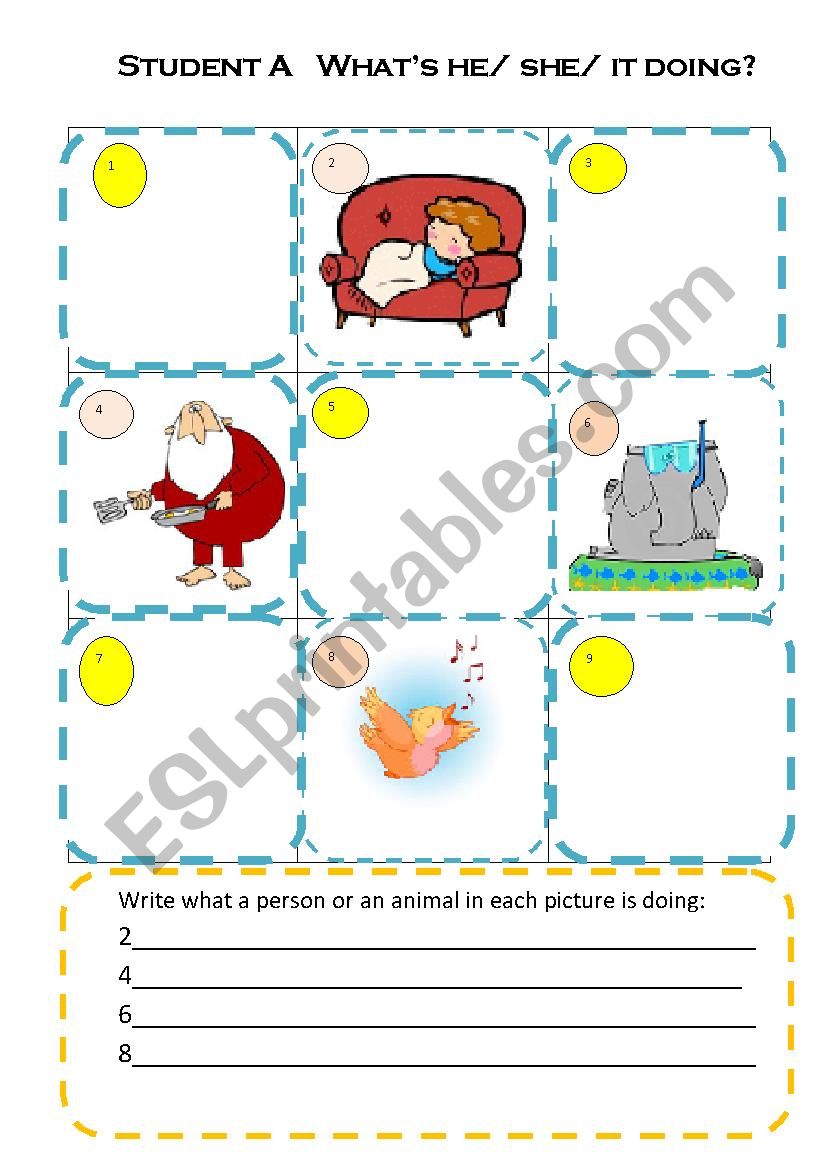 What´s He/She/It doing? PAIRWORK - ESL worksheet by kvitasia