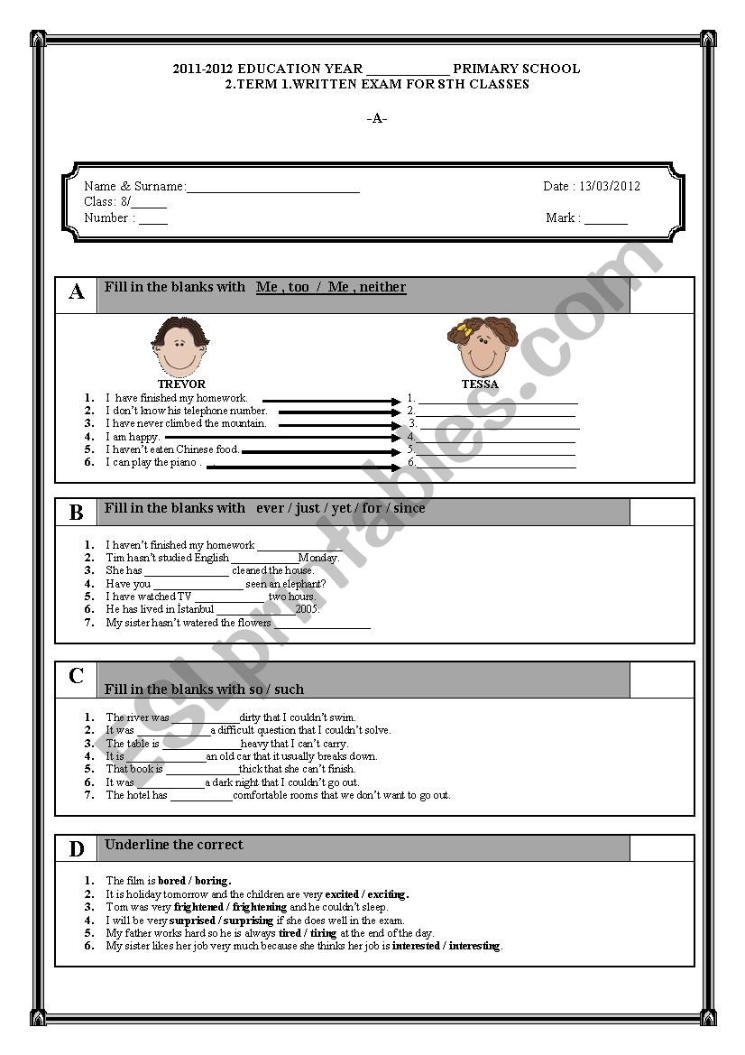 8th grade 2nd term 1st exam worksheet