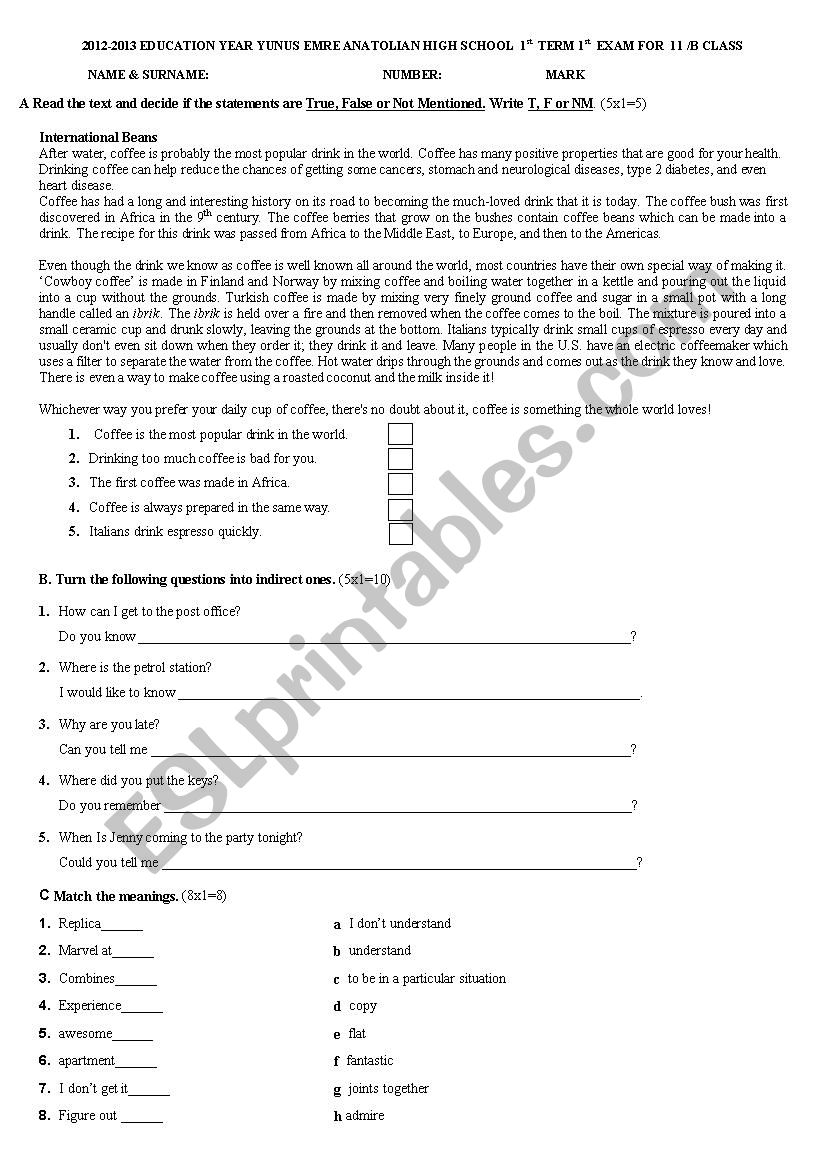 exam 11 grade worksheet