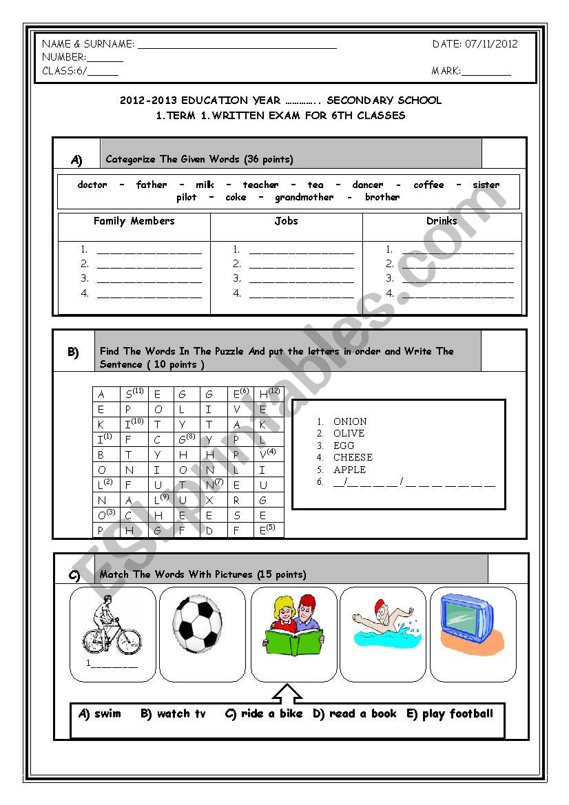 6th grade 1st term 1st exam worksheet