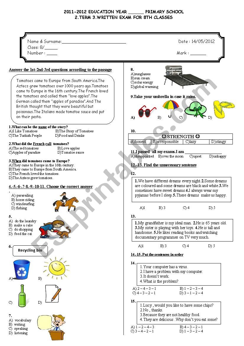 8th grade 2nd term 3rd exam worksheet