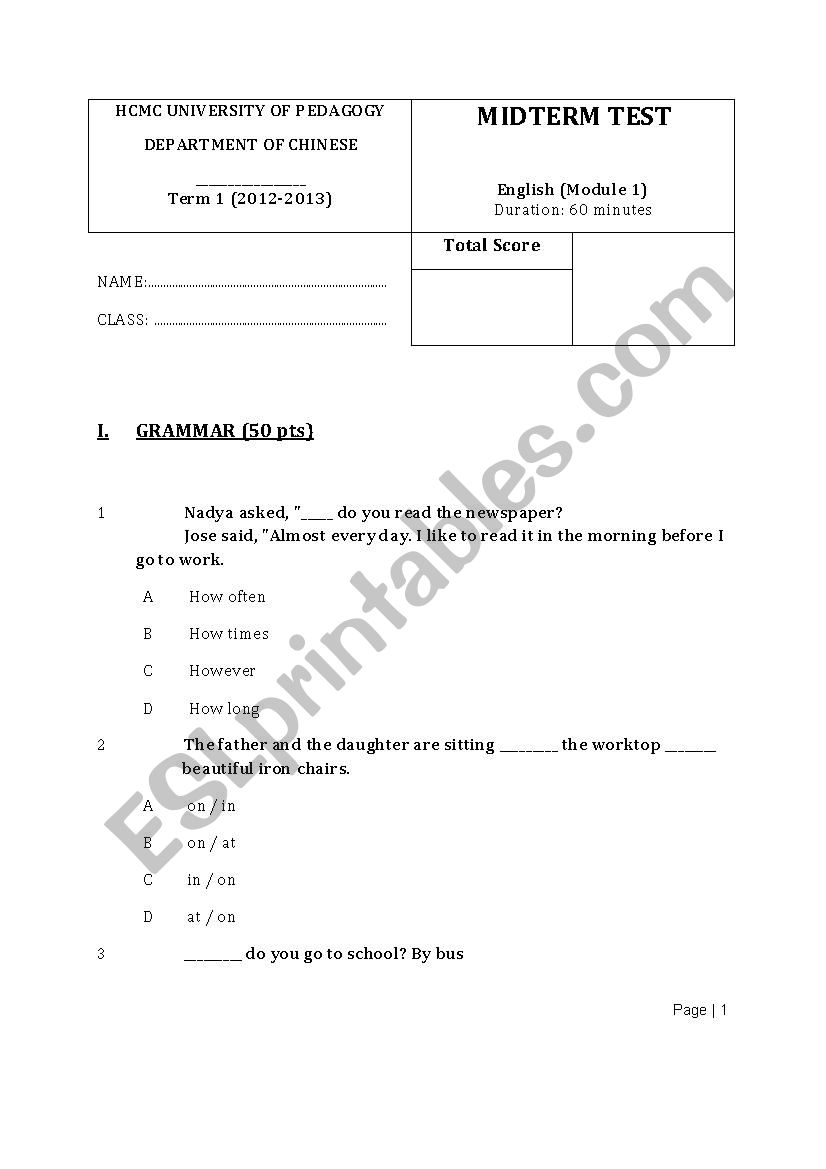 Midterm test worksheet