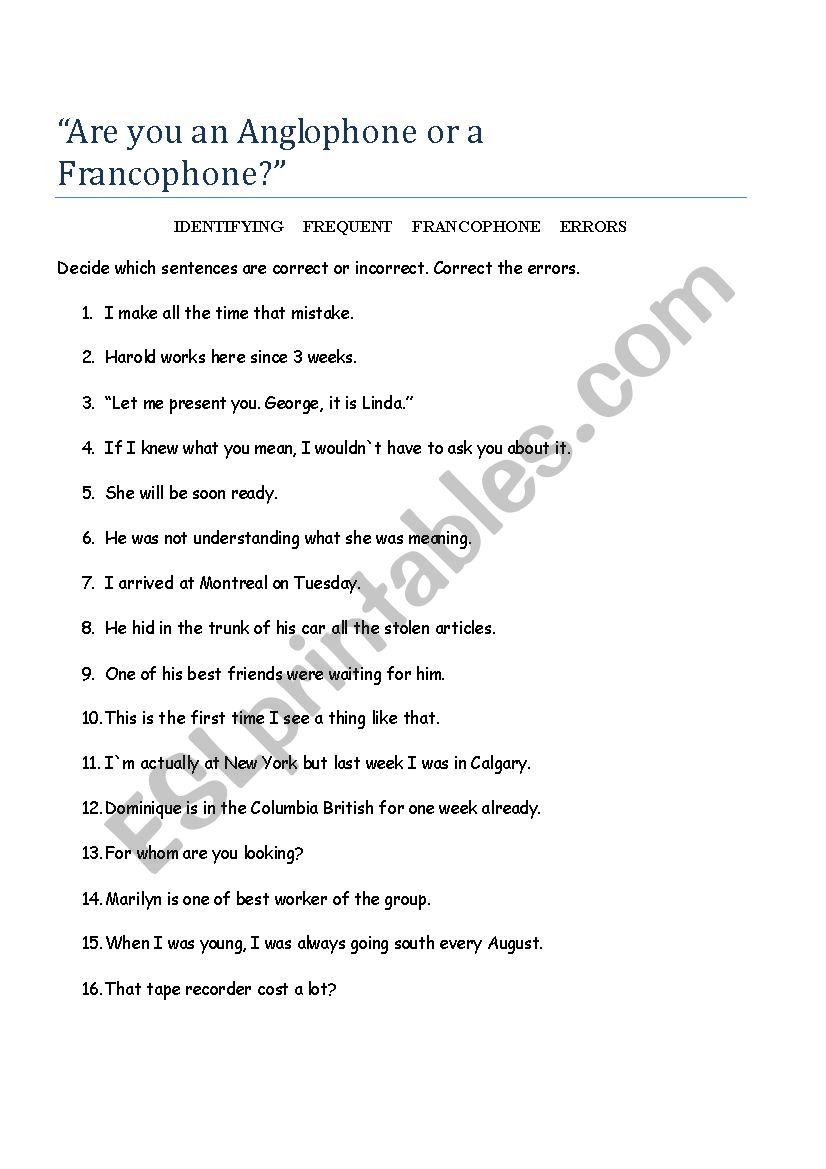 Frequent Francophone mistakes worksheet
