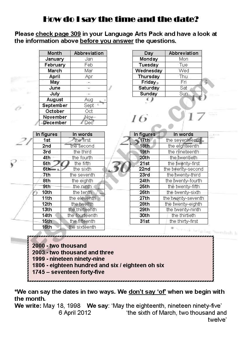 time & date worksheet