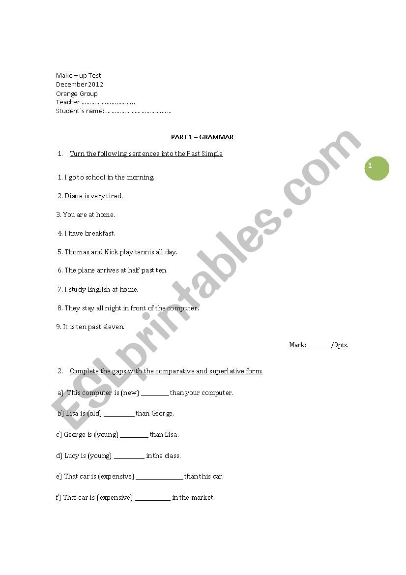 TEST / WORKSHEET  PRE - INTERMEDIATE LEVEL