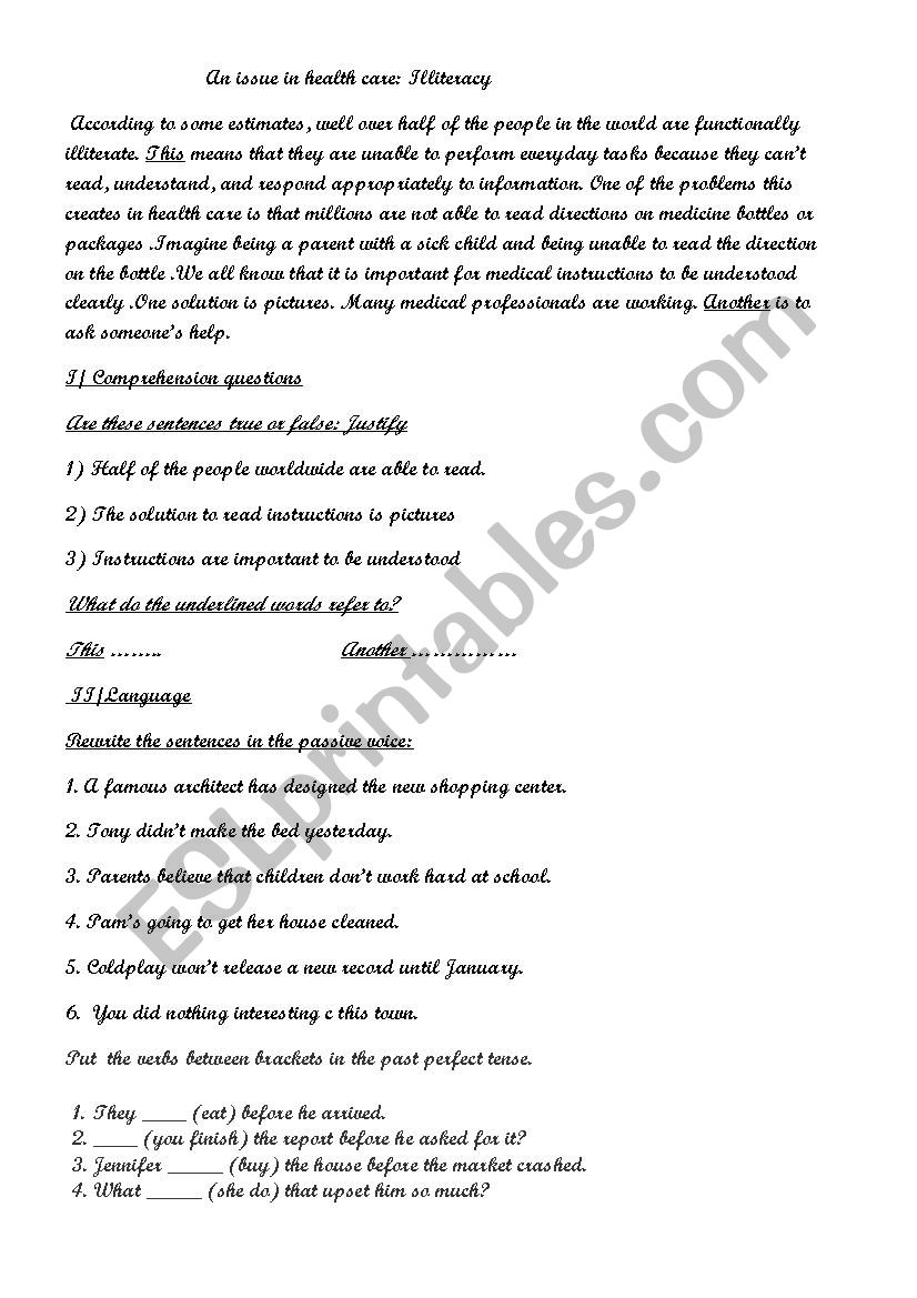 an issue on health care worksheet