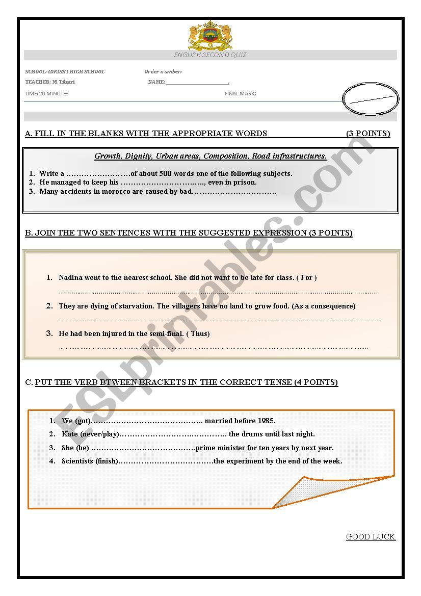 Second year Bac quiz worksheet