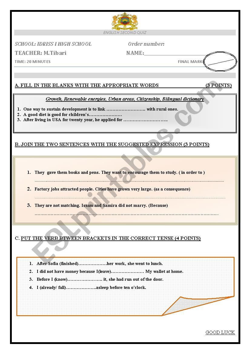 Second year Bac quiz worksheet