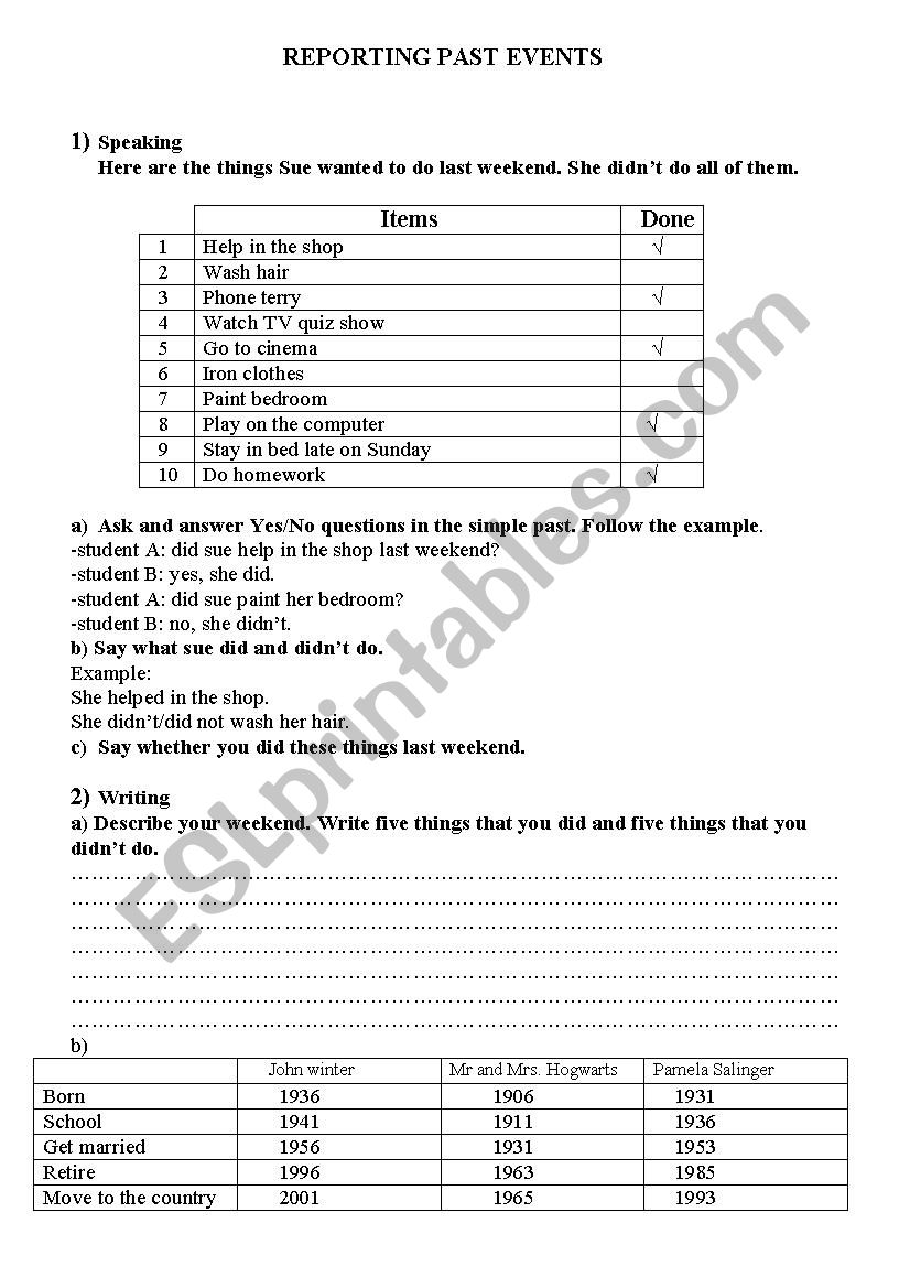 REPORTING PAST EVENTS worksheet