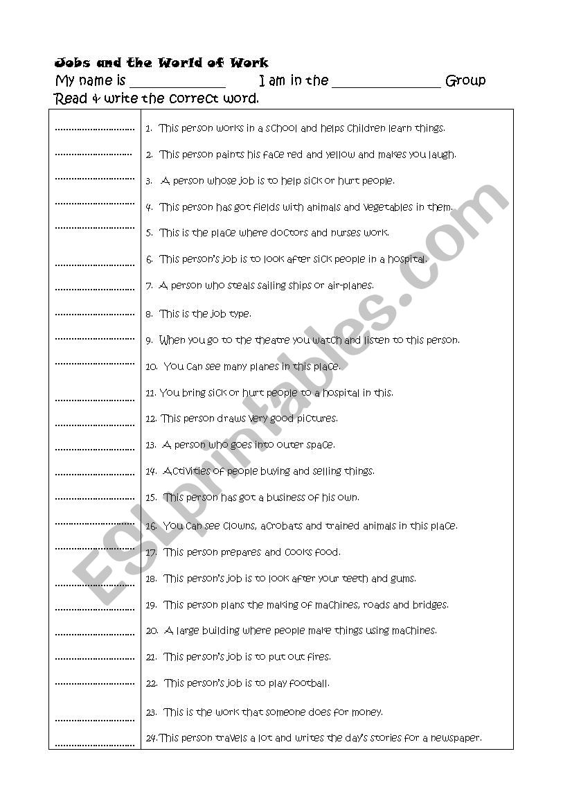 JOBS & THE WORLD OF WORK worksheet