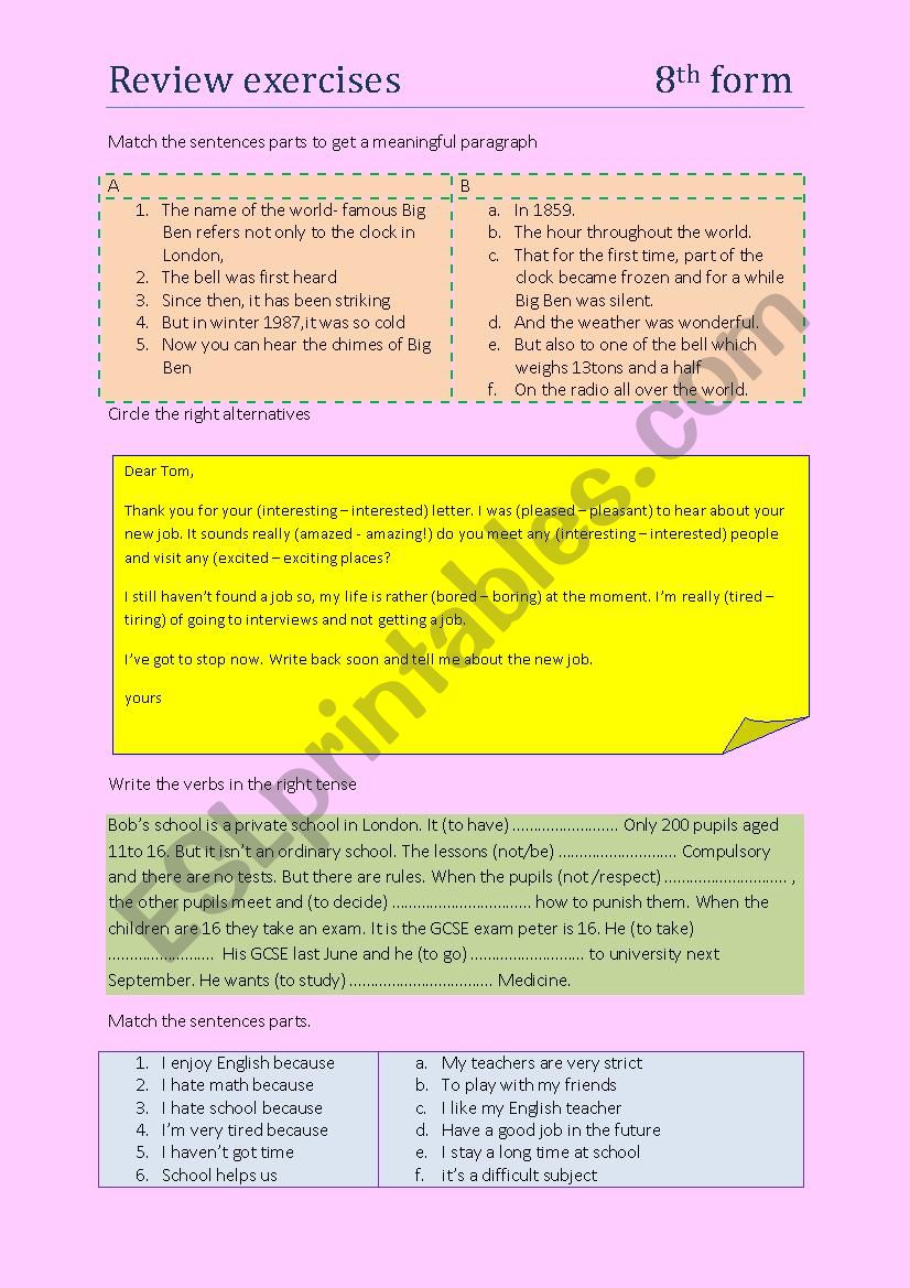 8th form review exercises worksheet