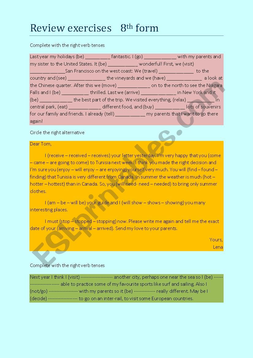 8th form review exercises 1 worksheet