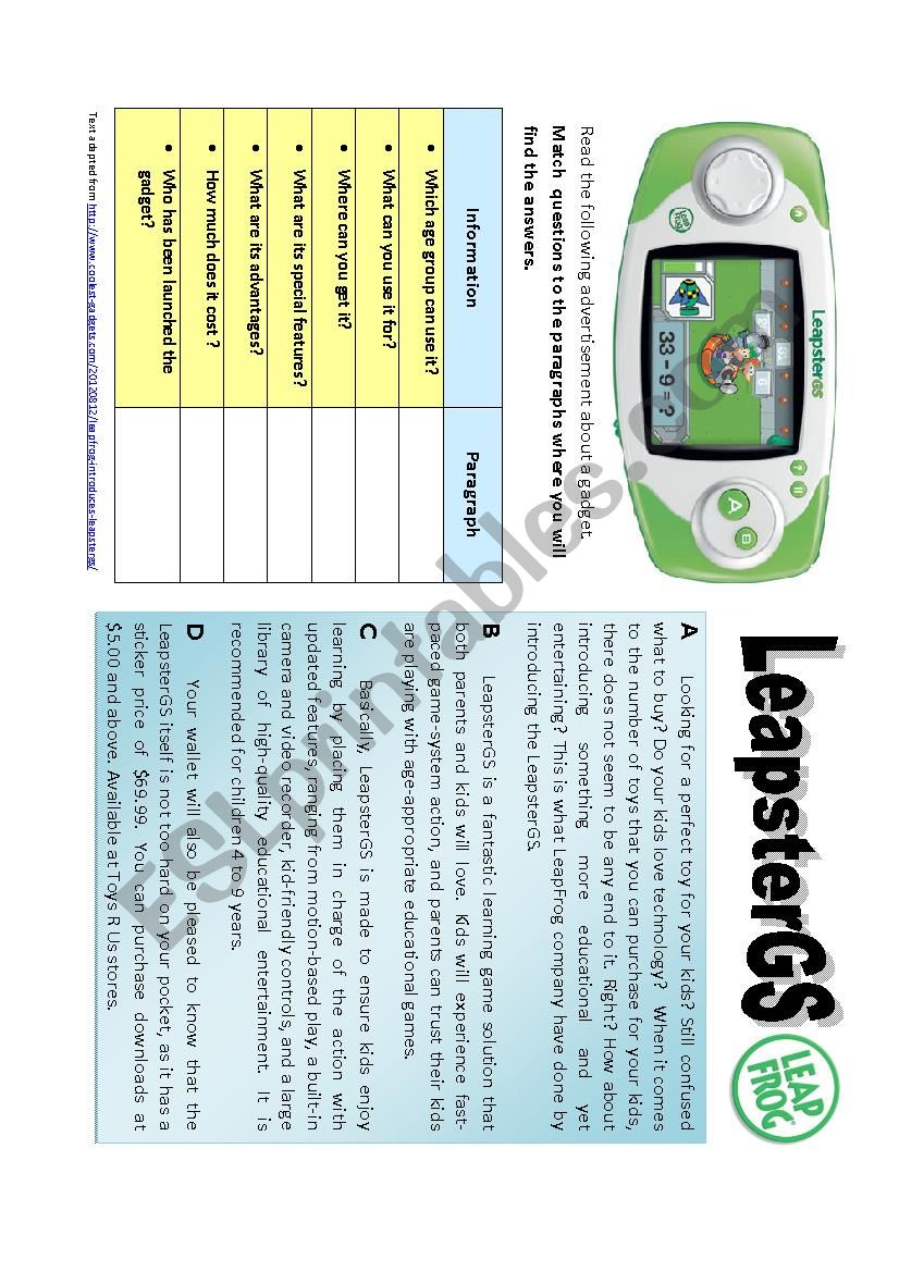 Reading Advert: Gadget worksheet