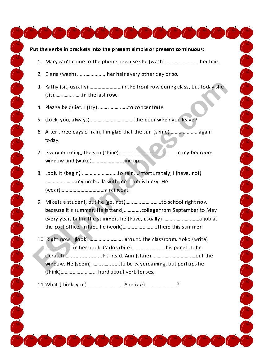 exercise for simple present and present continuous