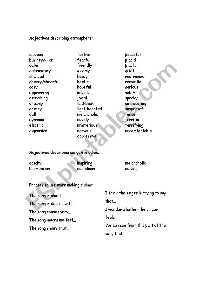 Adjectives describing atmosphere