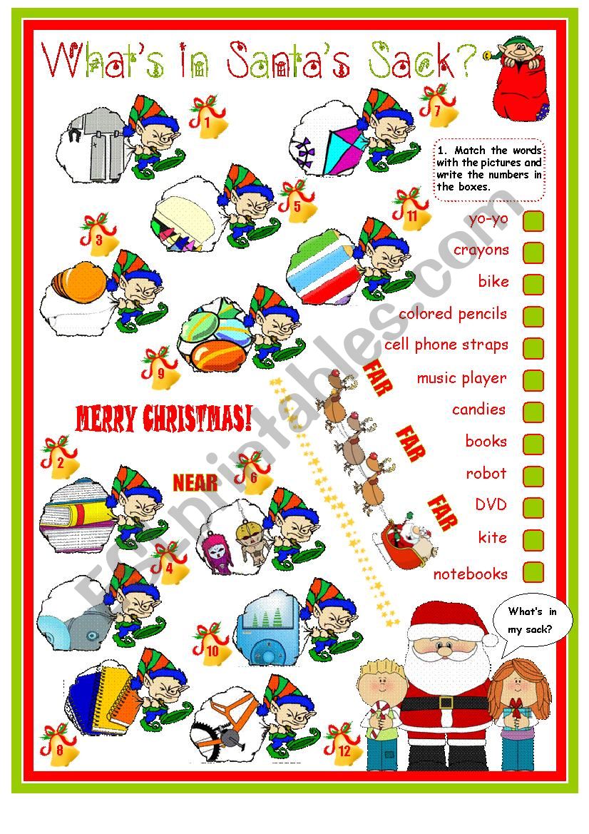 Whats in Santas Bag with Demonstratives - this, that, these, those. 2 Pages Plus Key.