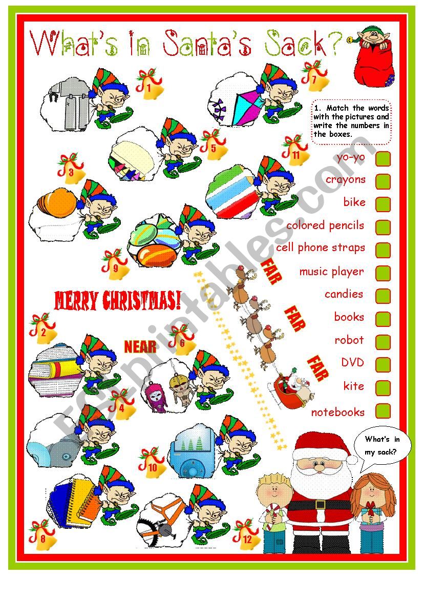WhatÂ´s in SantaÂ´s Bag with Demonstratives - this, that, these, those. 2 Pages Plus Key.