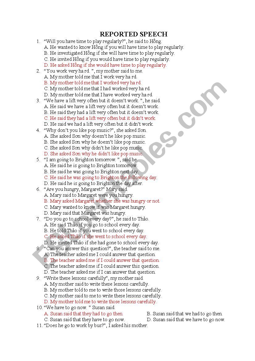 Reported speech Mutiple Choice Test