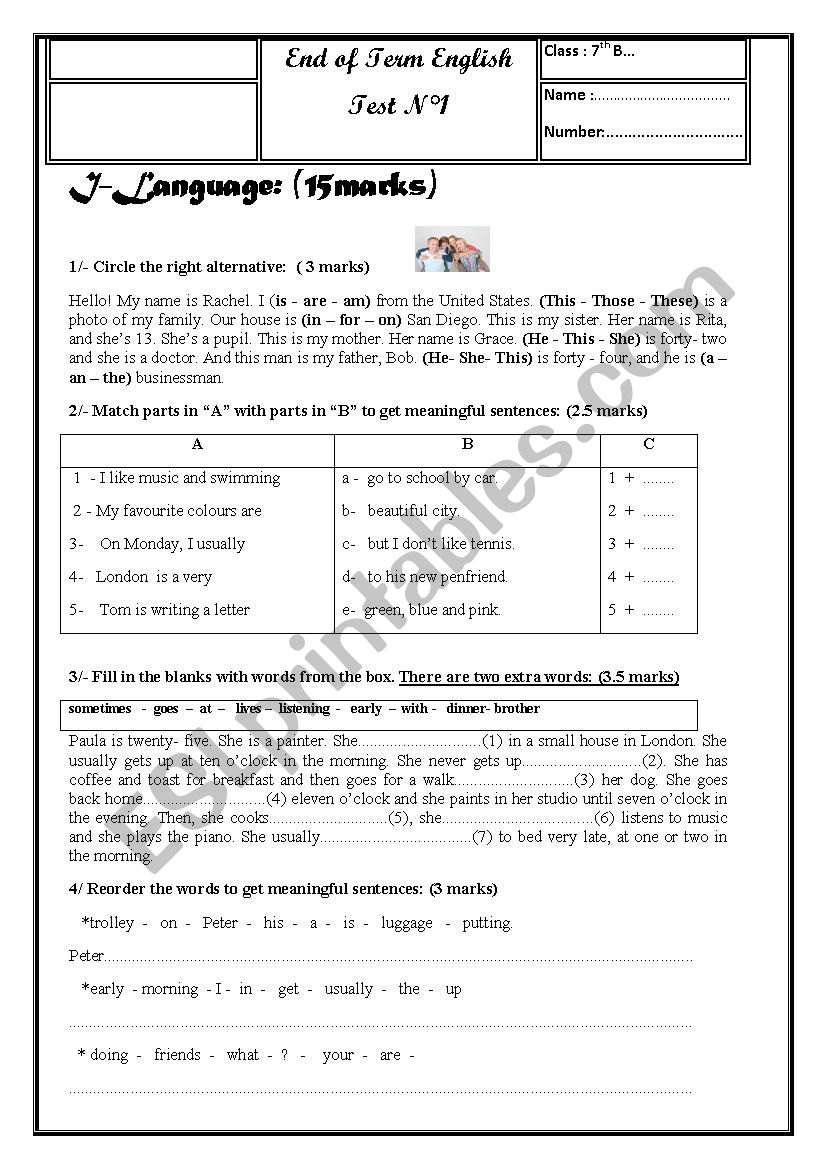 7th form Test worksheet