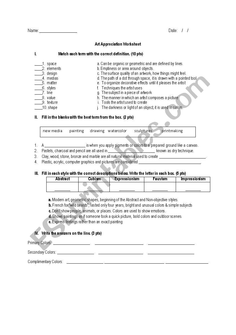 Art appreciation  worksheet
