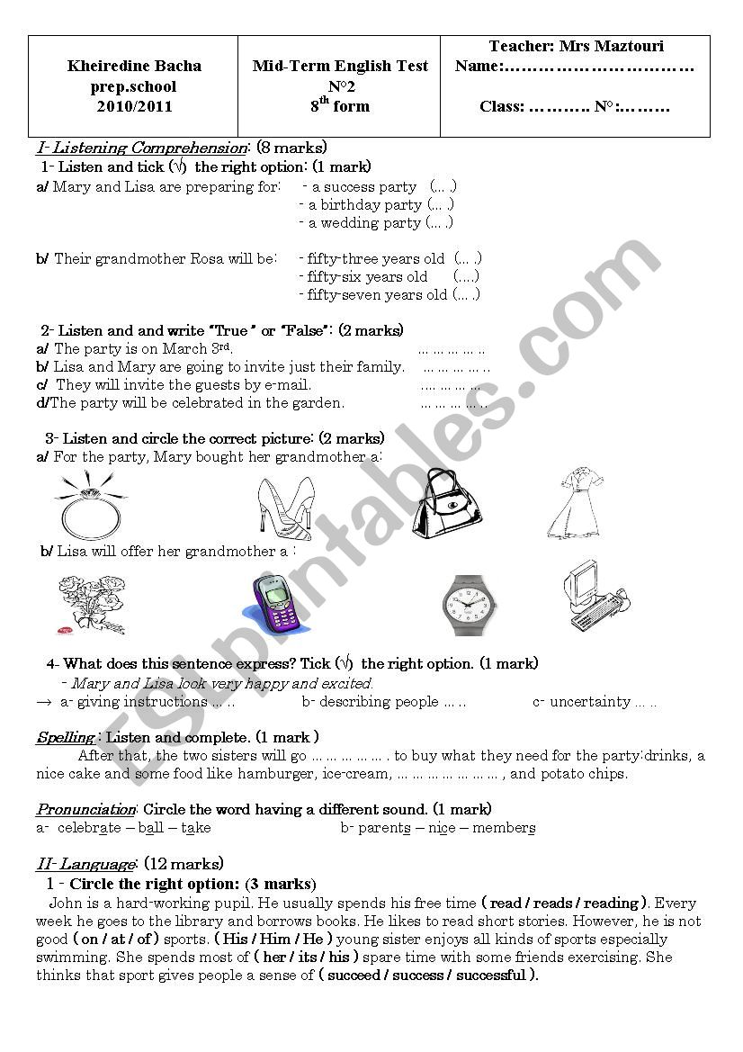 mid-term test 2 for 8th form (tunisian school)