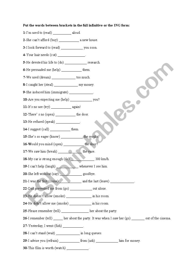 full infinitive or ing? worksheet