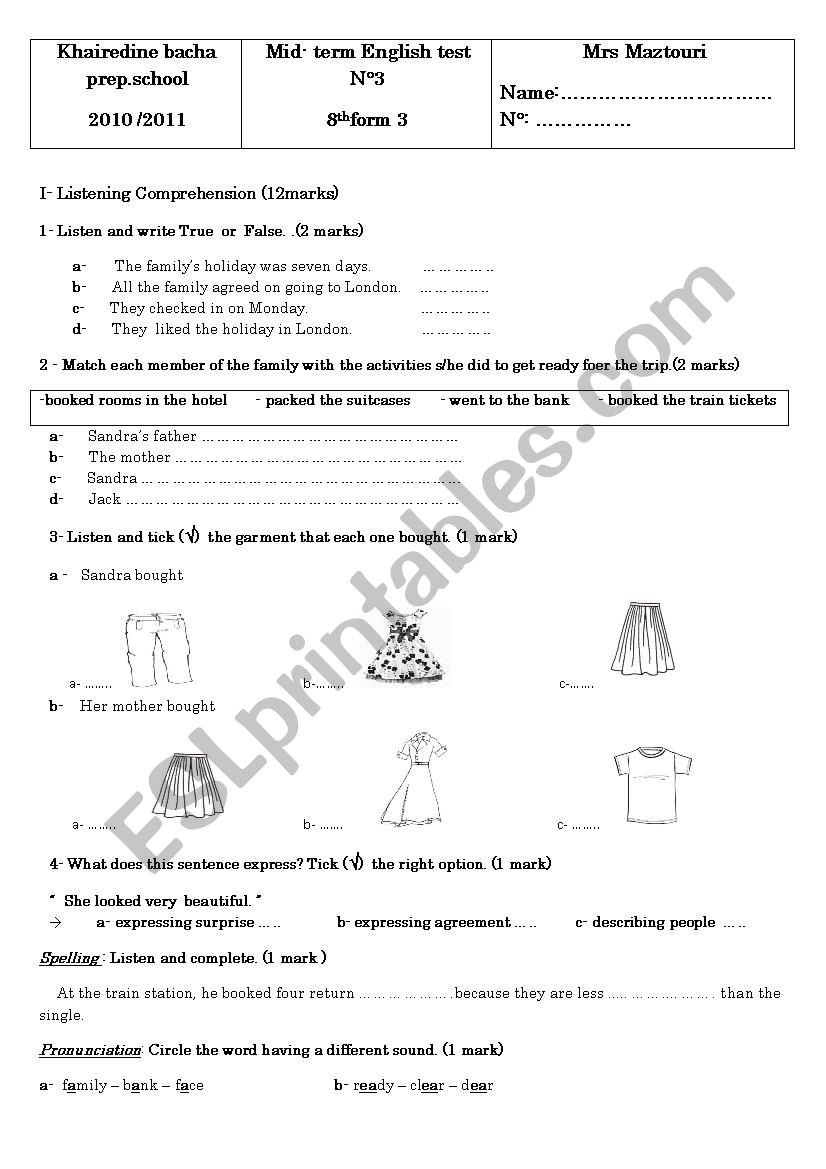 mid-term test 3 for 8th form (tunisian school)