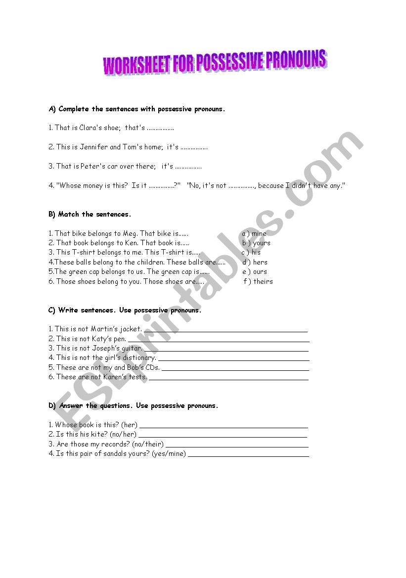 Worksheet for teaching possessive pronouns