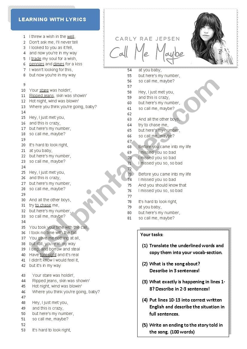 Learning With Lyrics Call Me Maybe Esl Worksheet By Evaenglishteacher