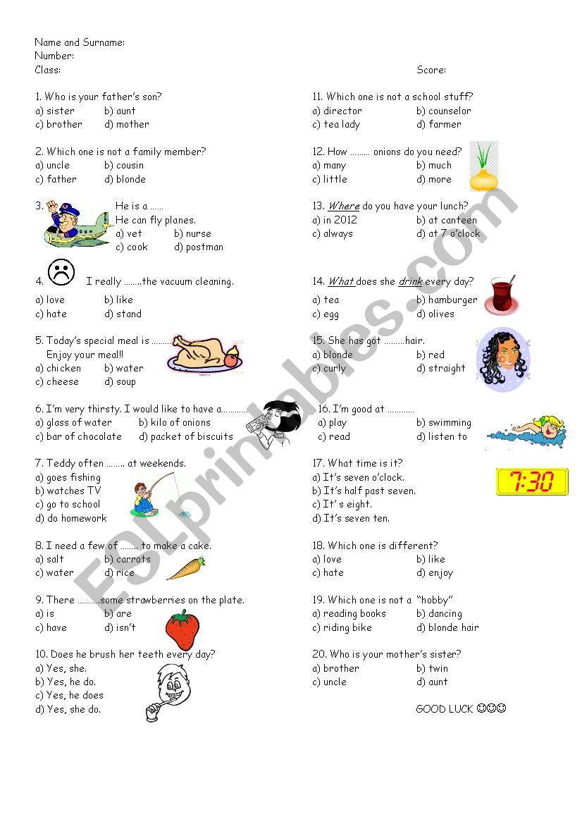 elementary test or exam worksheet