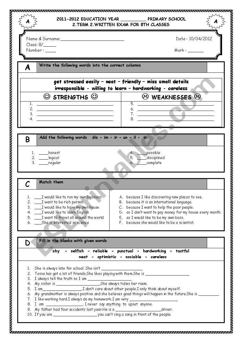 8th grade 2nd term 2nd exam worksheet