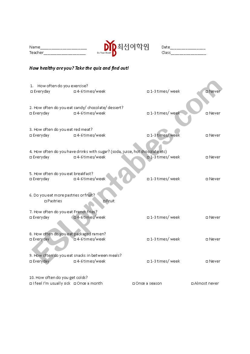 Health Quiz worksheet