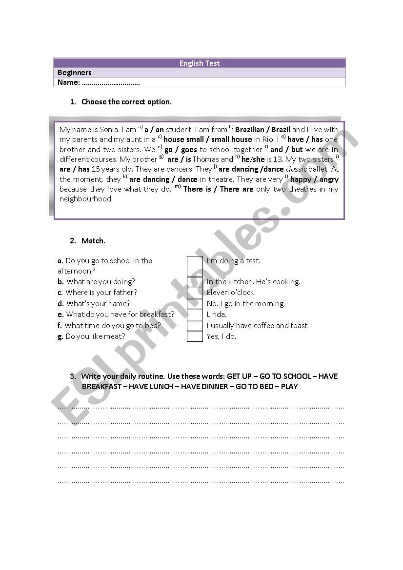 Beginners test worksheet
