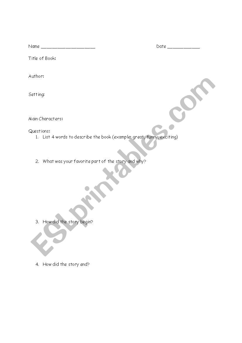 Book Report Templat worksheet