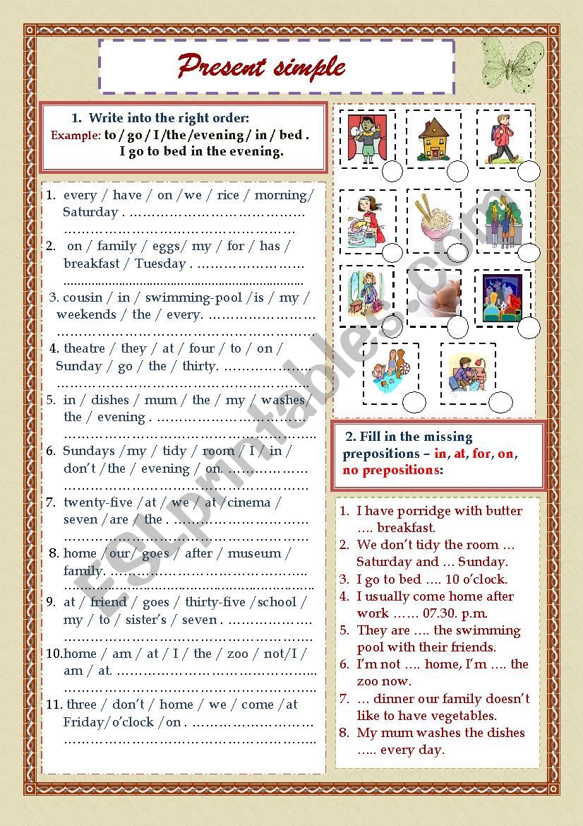 Word order and Prepositions in Present Simple(Daily routine)+pictures