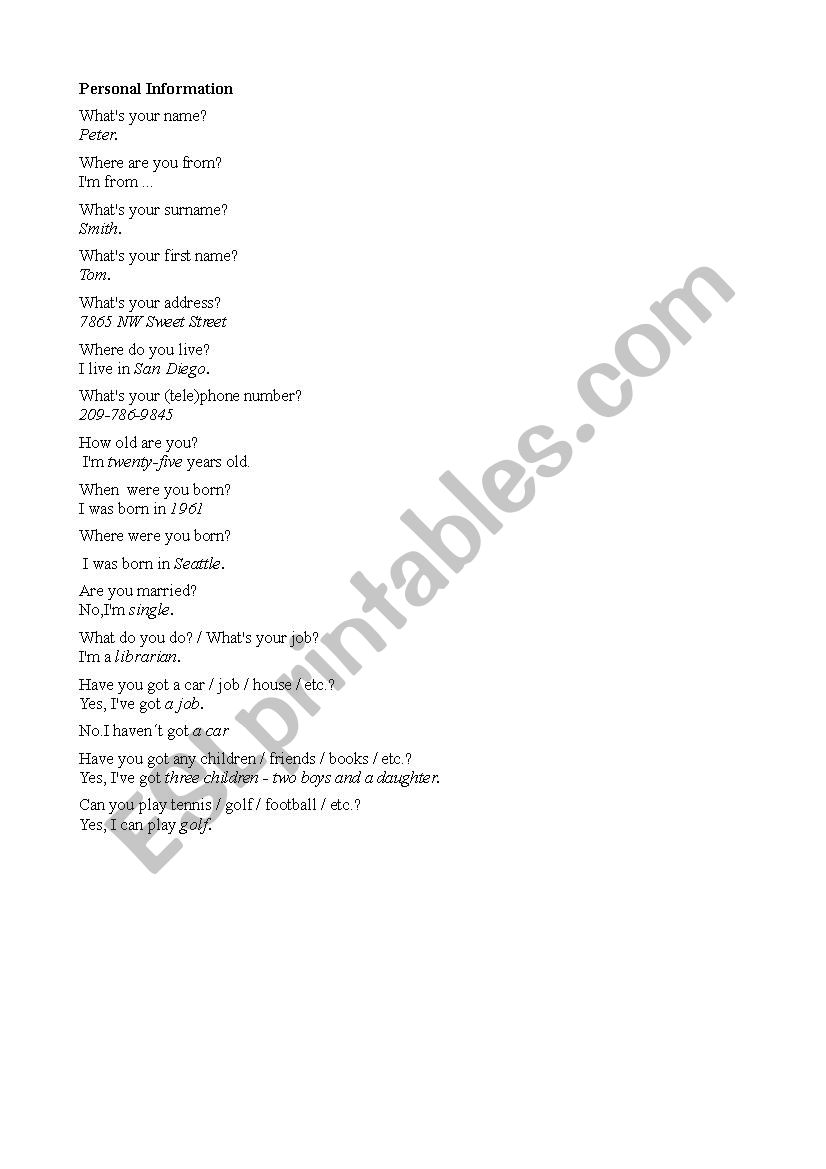 Personal information worksheet
