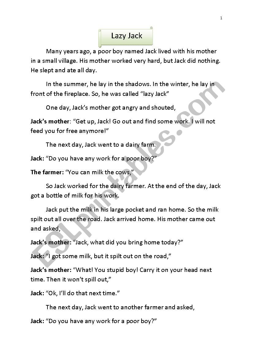 Story telling Lazy Jack worksheet