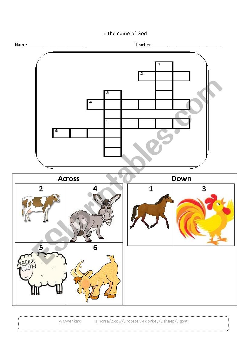 farm animals crossword worksheet