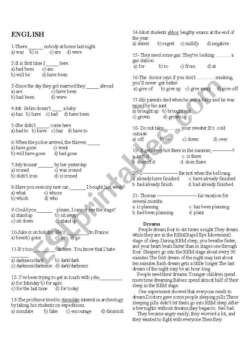 english preparation exam worksheet