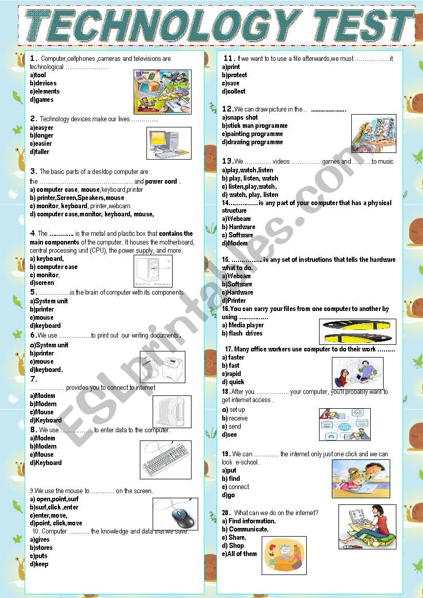 Technology Test with Key worksheet