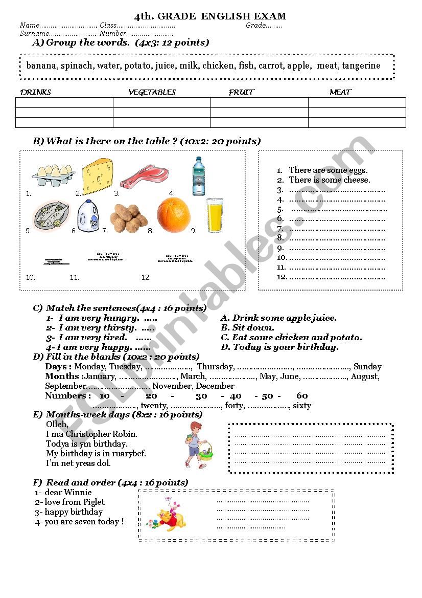4th grade sample exam worksheet