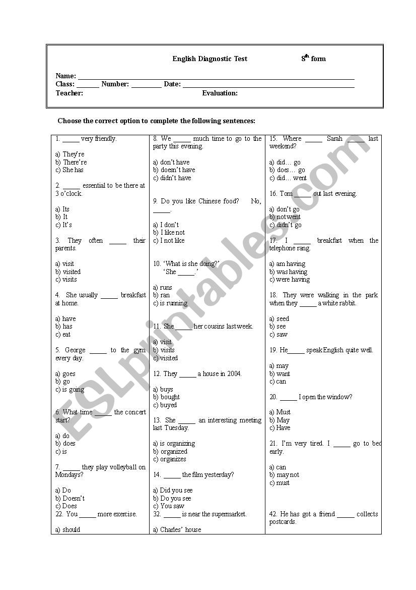 Entry Test -8th form  worksheet