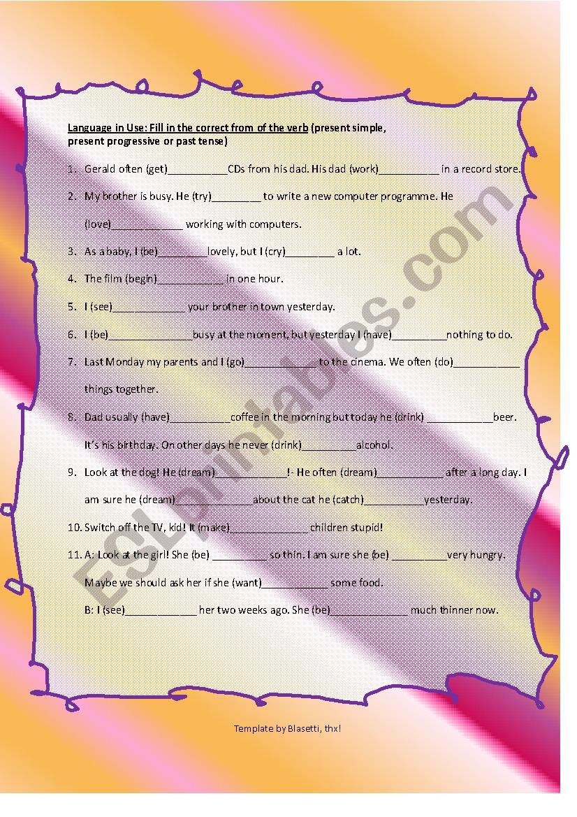 Fill in present simple, present progressive, past simple- PreInt