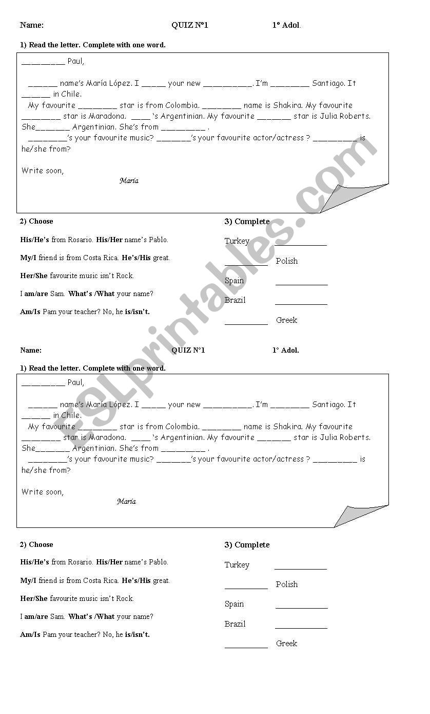 Reading worksheet