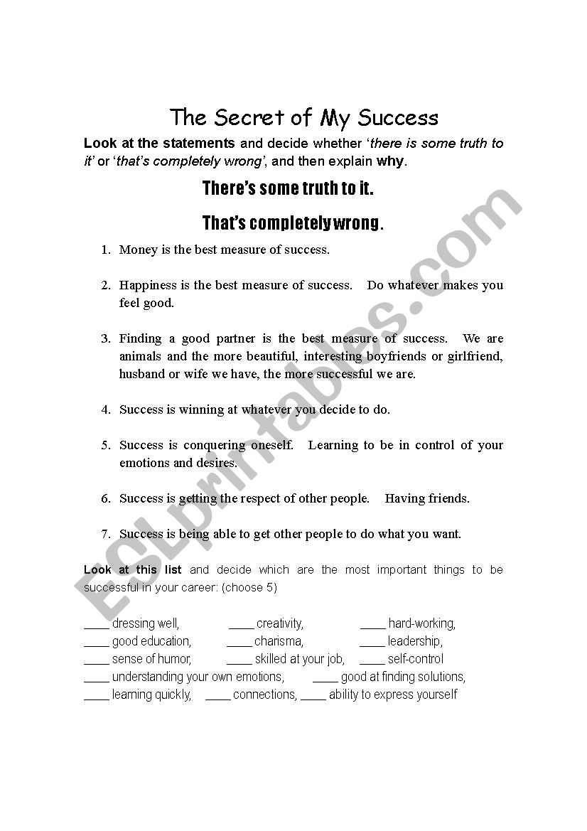 The secret of my success worksheet