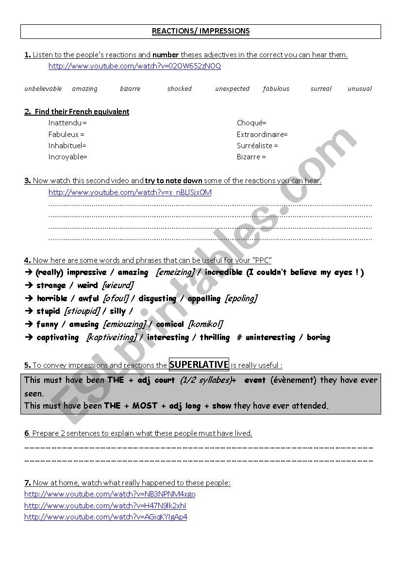 REACTIONS worksheet