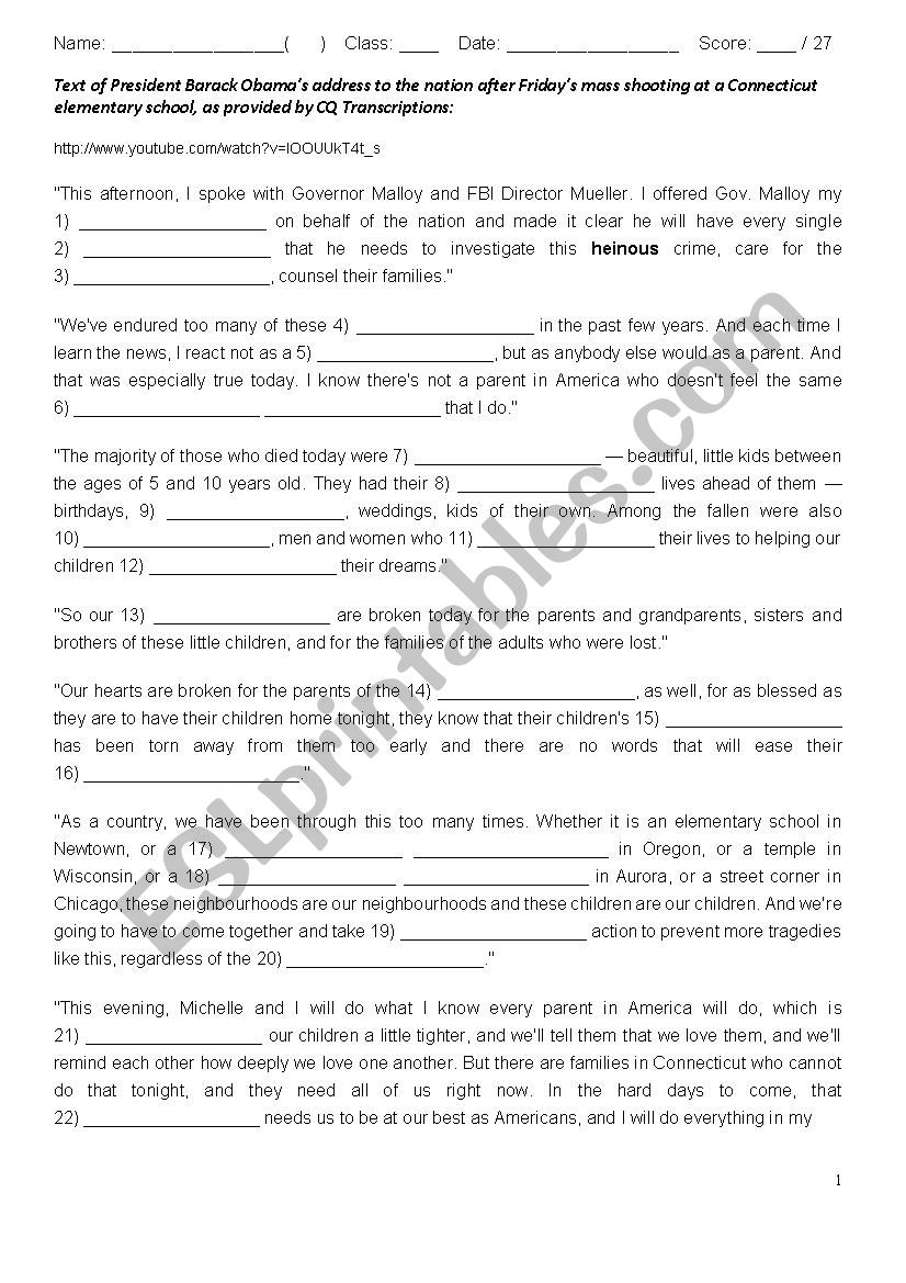 Text of President Barack ObamaÂ´s address to the nation after FridayÂ´s mass shooting at a Connecticut Elementary School