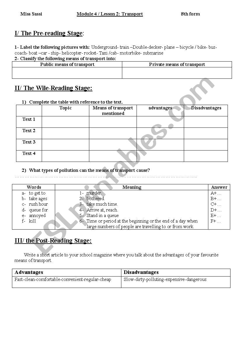 Lesson4: Transport worksheet