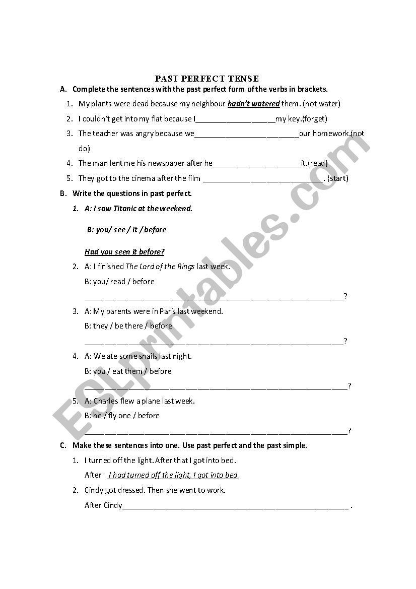 past perfect tense exercises worksheet